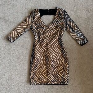 GUESS Zebra Silver Sequin Long Sleeve Open Back Mini Dress